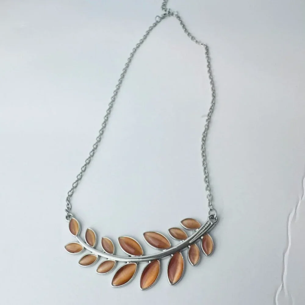 Silver & Amber Leaf Necklace • Nature Inspired Bib Necklace -‎ Boho Fashion